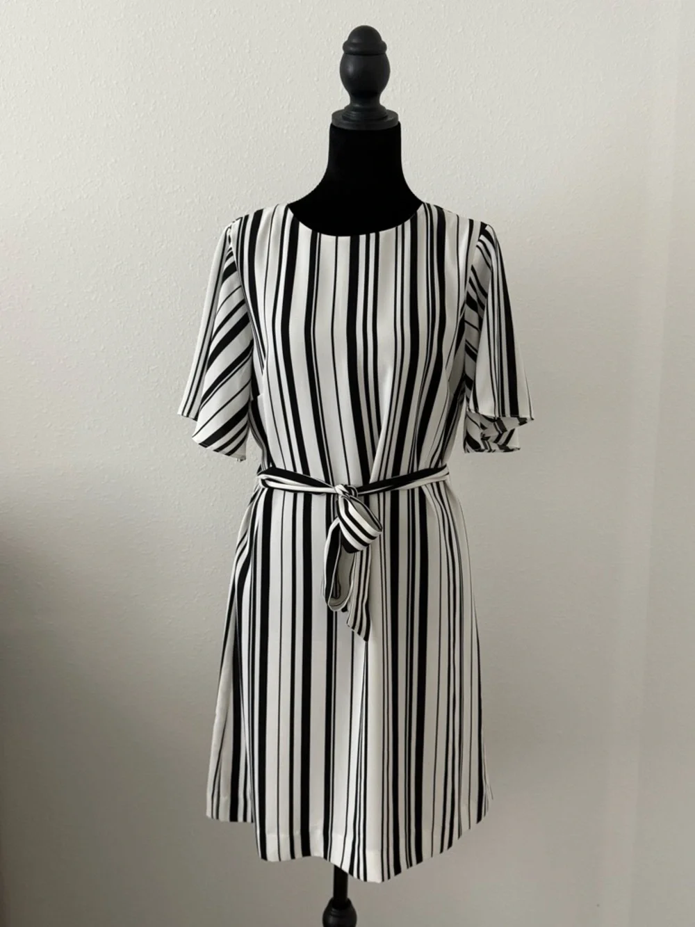 H&M Black and White Vertical Stripe Tie-Waist Mini Dress